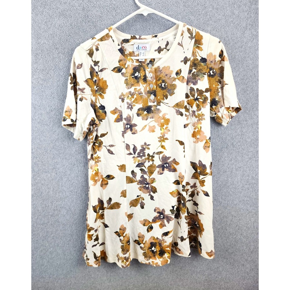 d&co. denim + company Womens's S Regular Ivory Cotton Floral Henley SS Tee